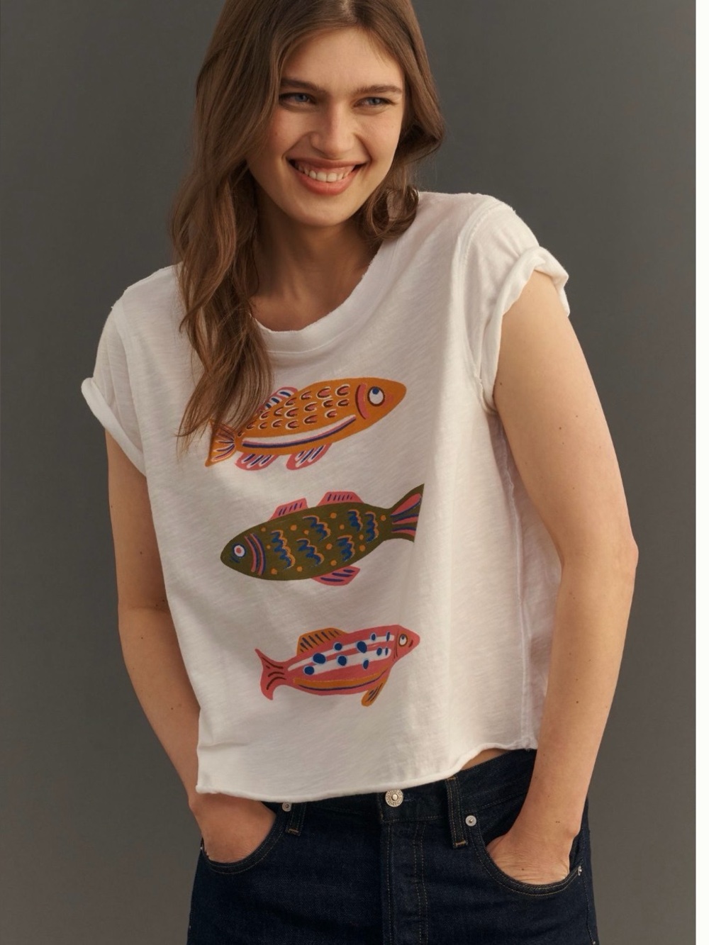 Maeve White Tee with Pink, Orange, Green Fish